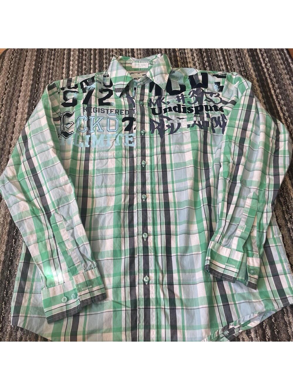 Y2K Ecko Unltd. Men's Size  XL Button Up Shirt Embroidered Print Green Plaid